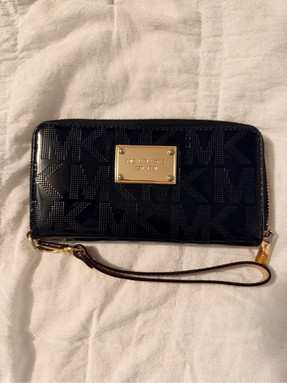 Michael Kors Black Patent Logo Wristlet with Gold Plate